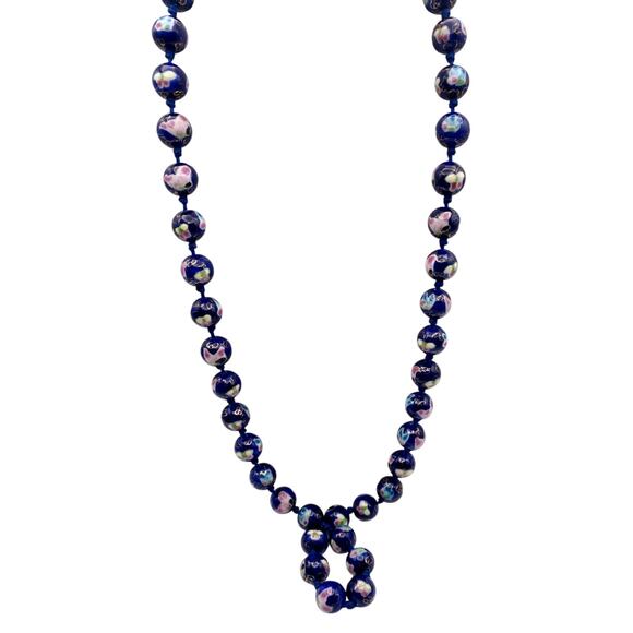 Chinese Cloisonné Cobalt Blue Flower Beaded Necklace 1940s - Picture 3 of 8